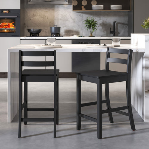 Wooden Bar Stools Set Of 2, Ergonomic Backrest, Footrest, Black