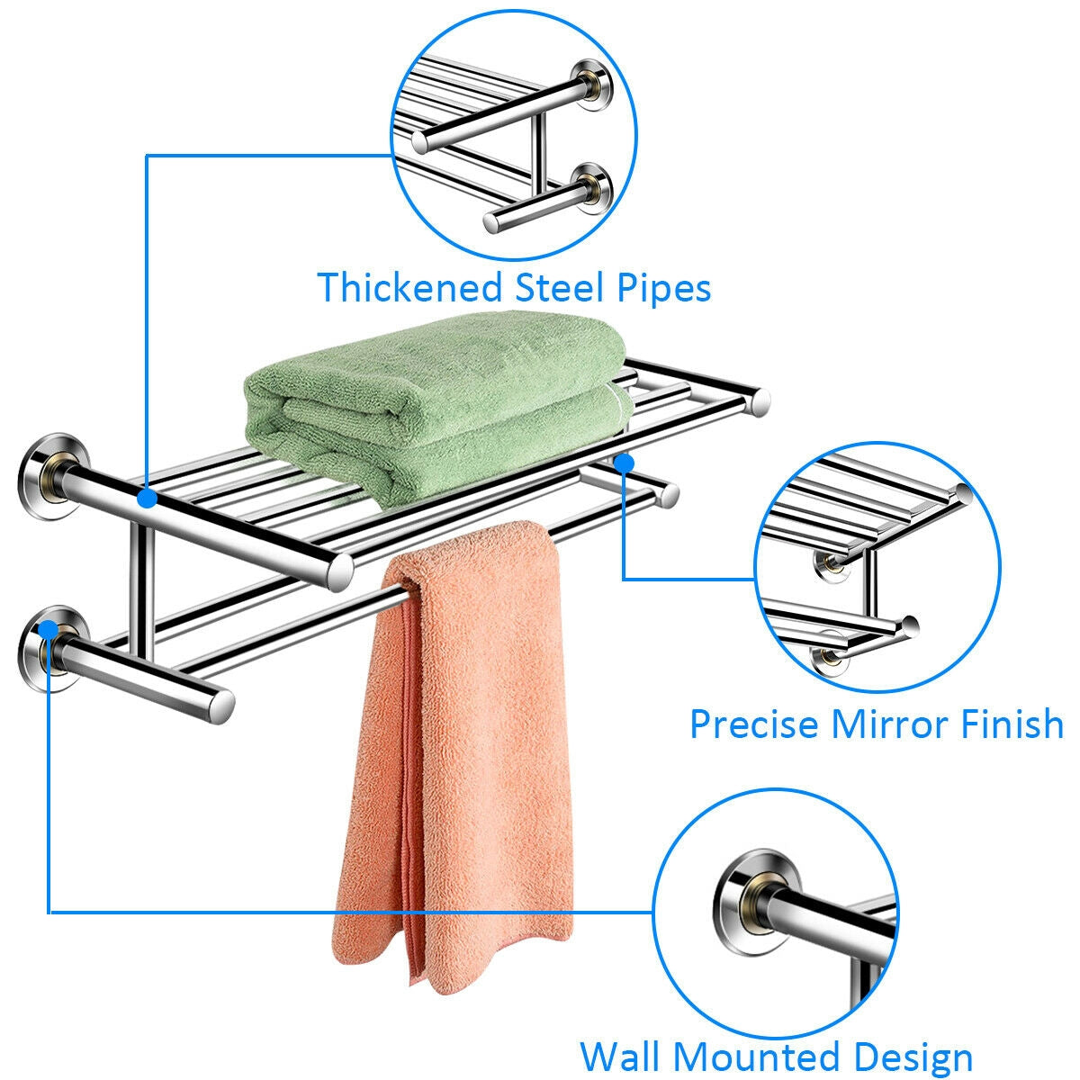 24 Inch Wall Mounted Stainless Steel Towel Storage Rack with 2 Storage Tier, Silver Towel Racks at Gallery Canada