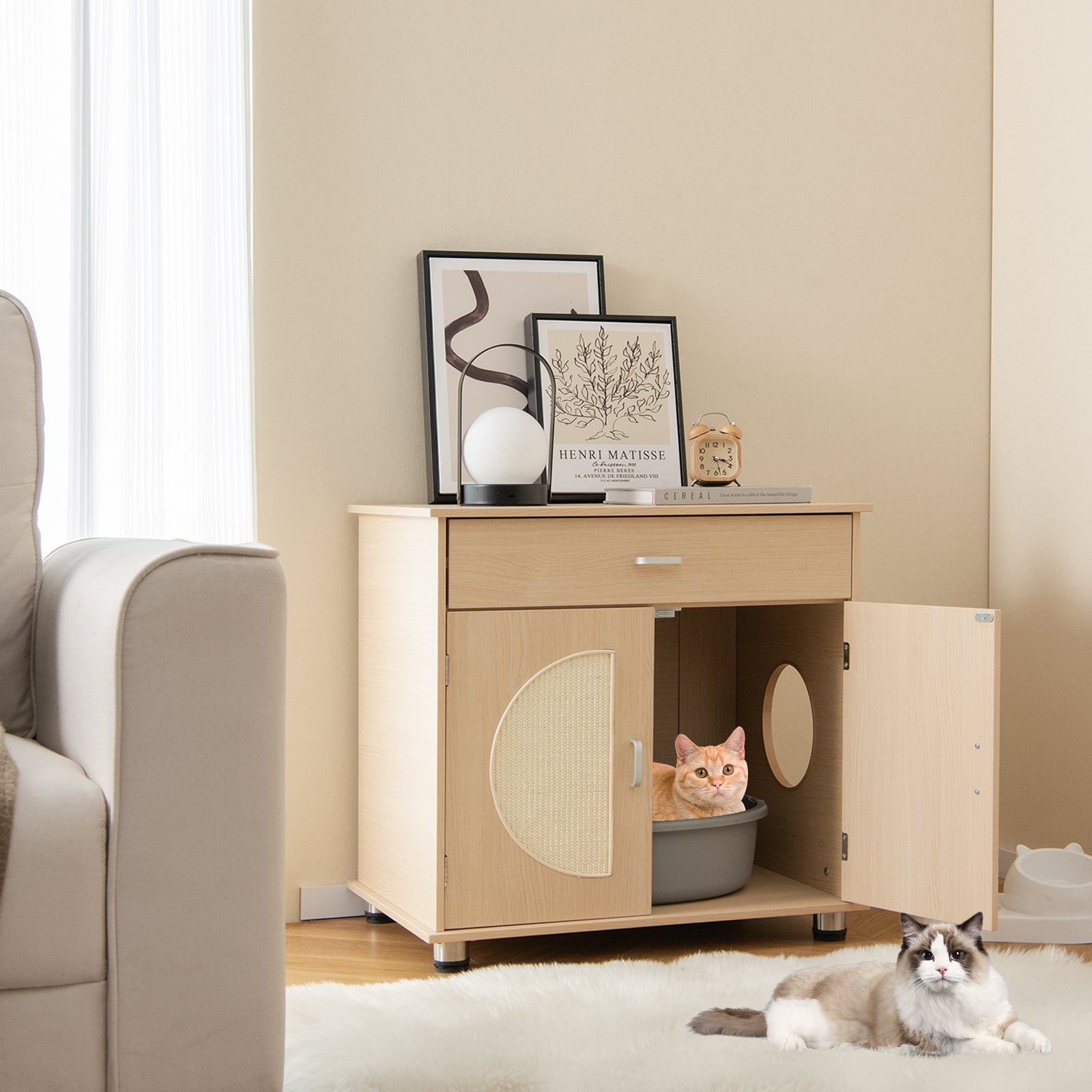 Cat Litter Box Enclosure With Sisal Scratching Doors, Storage, Natural Cat Houses at Gallery Canada
