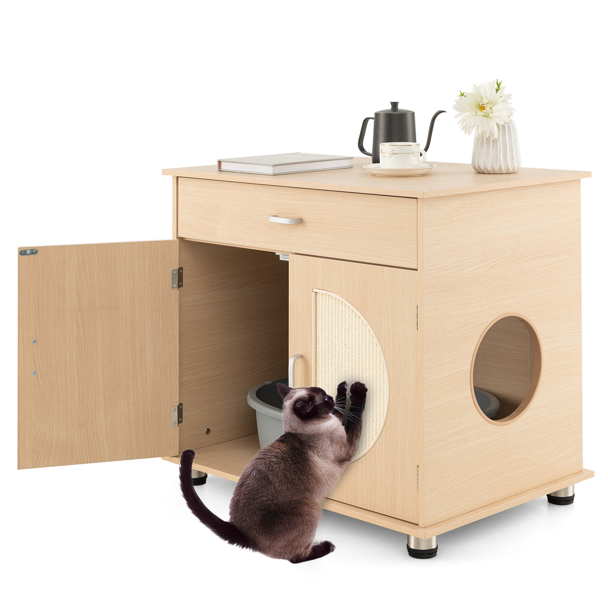 Cat Litter Box Enclosure With Sisal Scratching Doors, Storage, Natural Cat Houses at Gallery Canada
