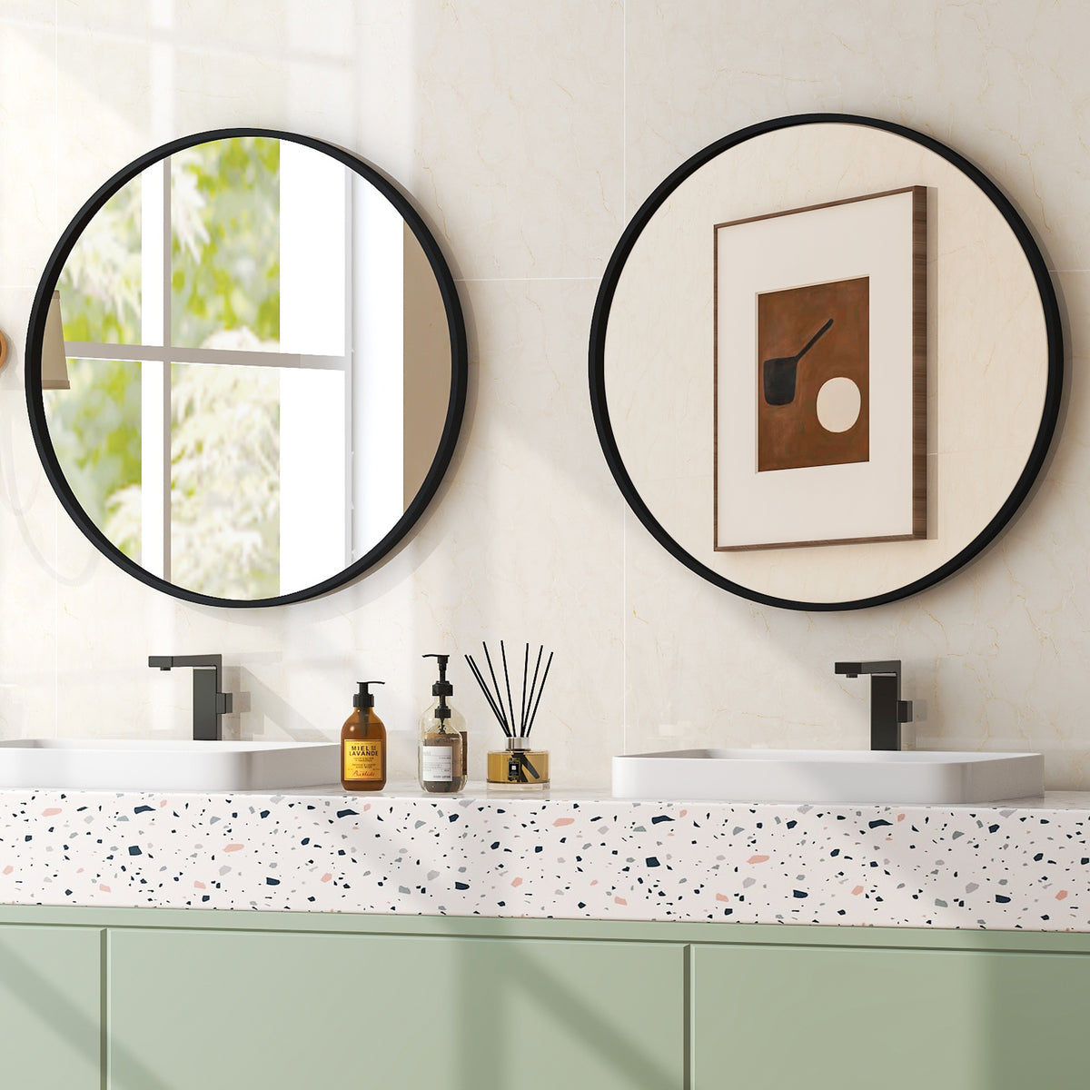 24 Inch Circle Bathroom Mirror, Explosion-Proof Film, Black Wall Mirrors at Gallery Canada