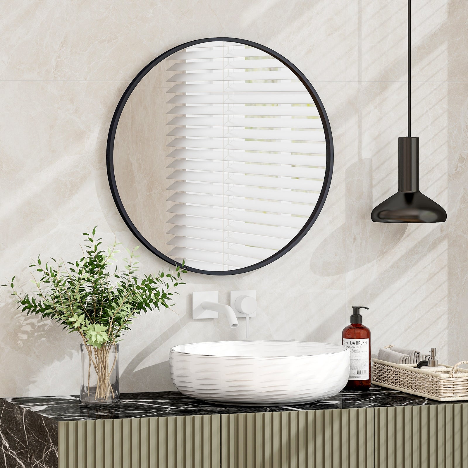 24 Inch Circle Bathroom Mirror, Explosion-Proof Film, Black Wall Mirrors at Gallery Canada