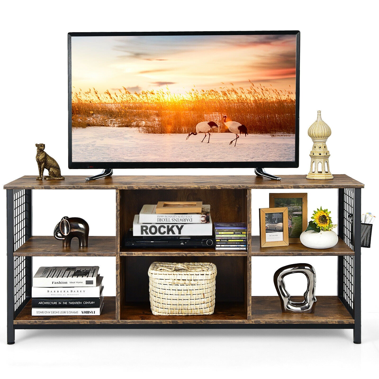 Mid-Century Wooden TV Stand With Storage Basket, 65 Inch, Rustic Brown Entertainment Centers & TV Stands at Gallery Canada