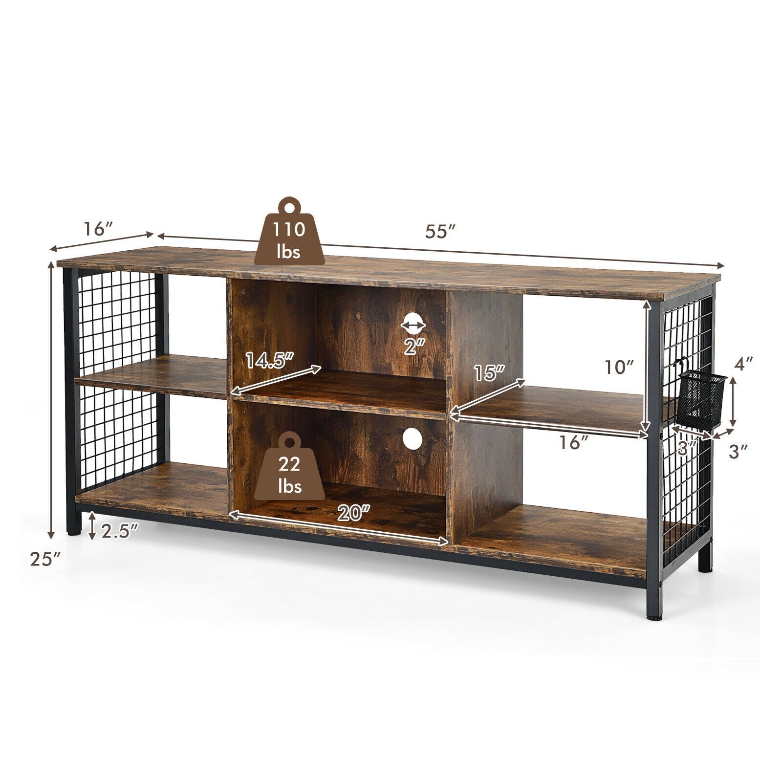Mid-Century Wooden TV Stand With Storage Basket, 65 Inch, Rustic Brown Entertainment Centers & TV Stands at Gallery Canada