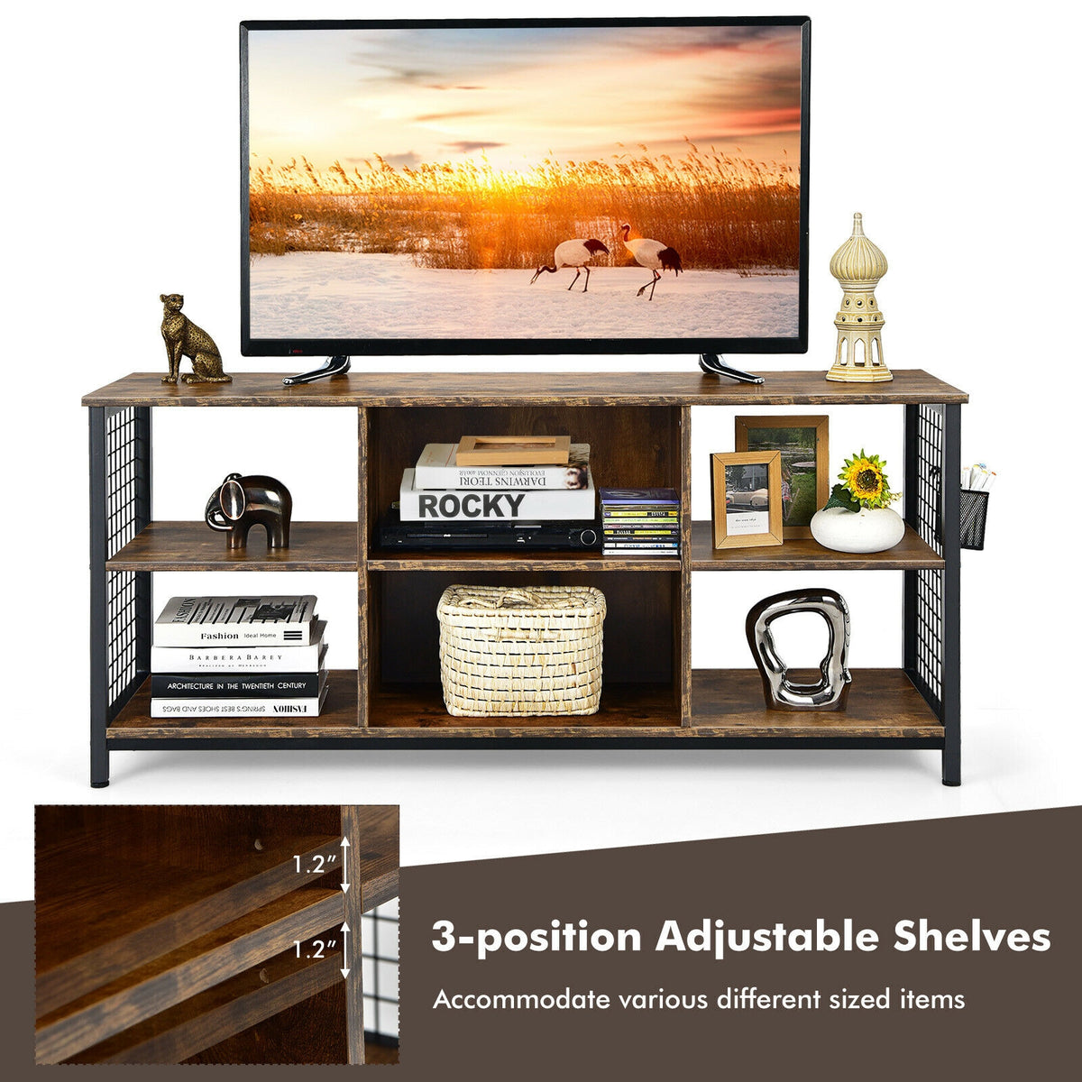 Mid-Century Wooden TV Stand With Storage Basket, 65 Inch, Rustic Brown Entertainment Centers & TV Stands at Gallery Canada