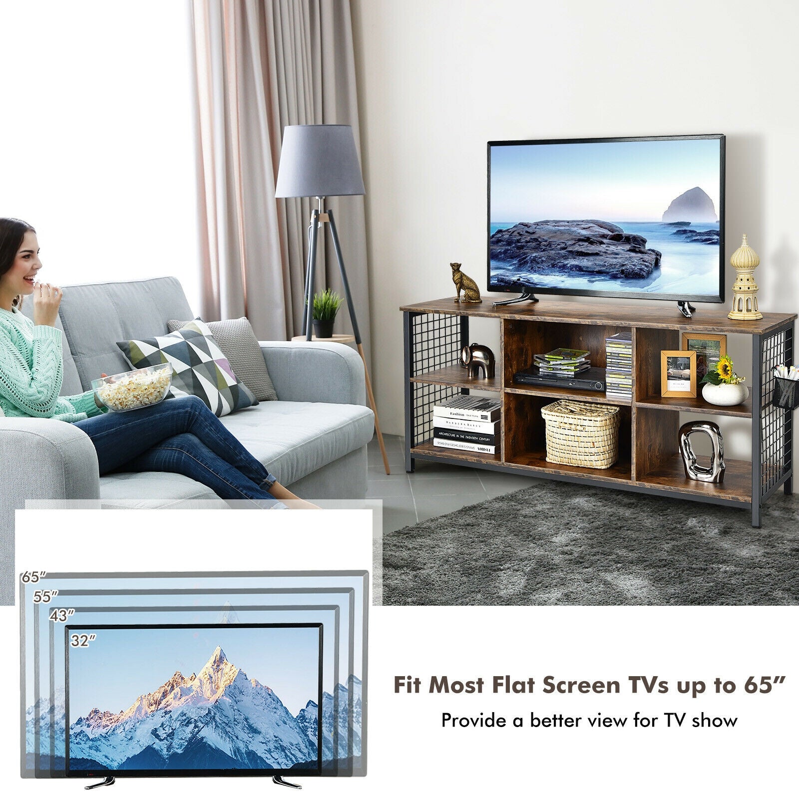 Mid-Century Wooden TV Stand With Storage Basket, 65 Inch, Rustic Brown Entertainment Centers & TV Stands at Gallery Canada