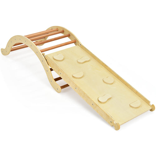 Kids Climber Set, Wooden Arch Triangle Rocker, 3-In-1 With Ramp And Mat, Natural