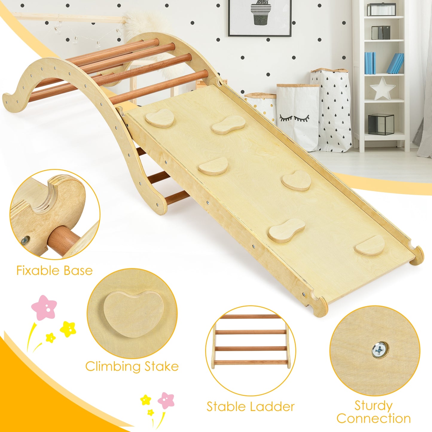 Kids Climber Set, Wooden Arch Triangle Rocker, 3-In-1 With Ramp And Mat, Natural Climbers & Slides at Gallery Canada