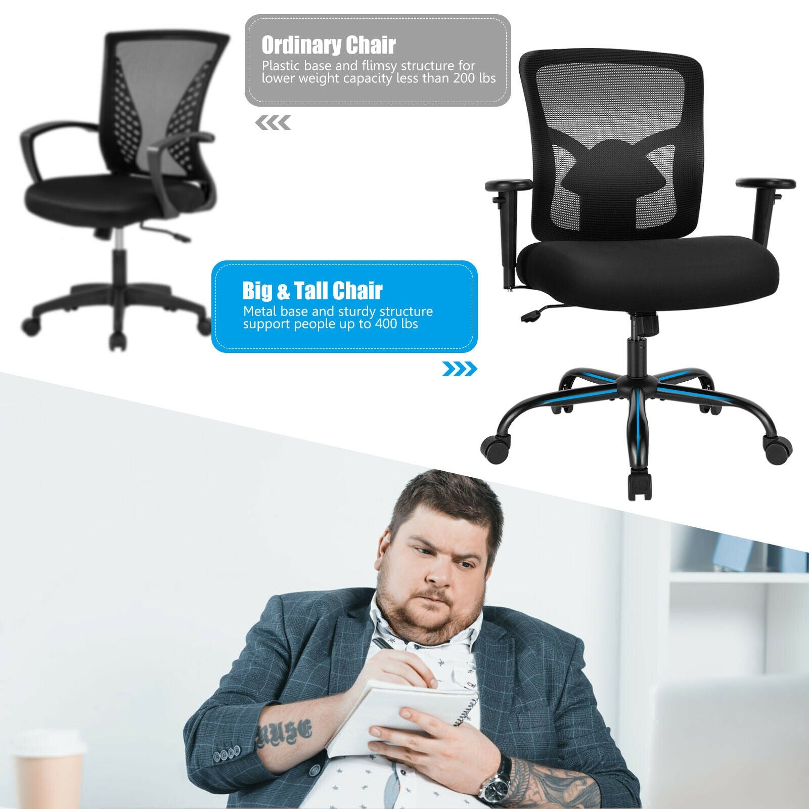 400LBS Mesh Big And Tall Office Chair, Swivel Task Chair, Black Big and Tall Chairs at Gallery Canada