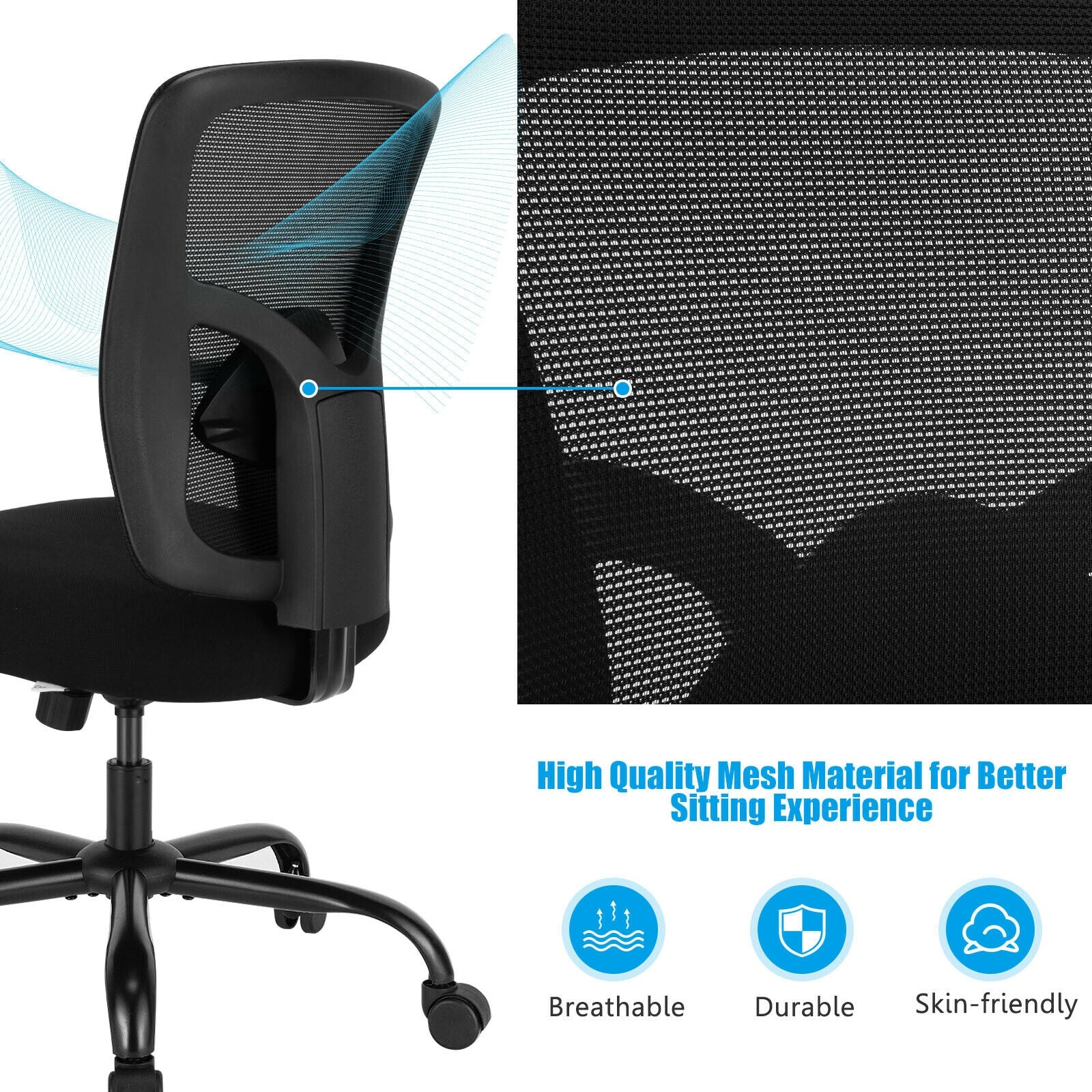 400LBS Mesh Big And Tall Office Chair, Swivel Task Chair, Black Big and Tall Chairs at Gallery Canada