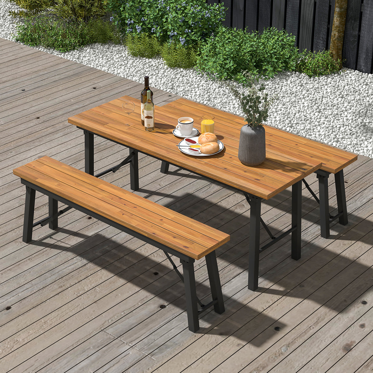 Outdoor Dining Table Bench Set, Acacia Wood Top, Natural Outdoor Seating & Patio Chairs at Gallery Canada