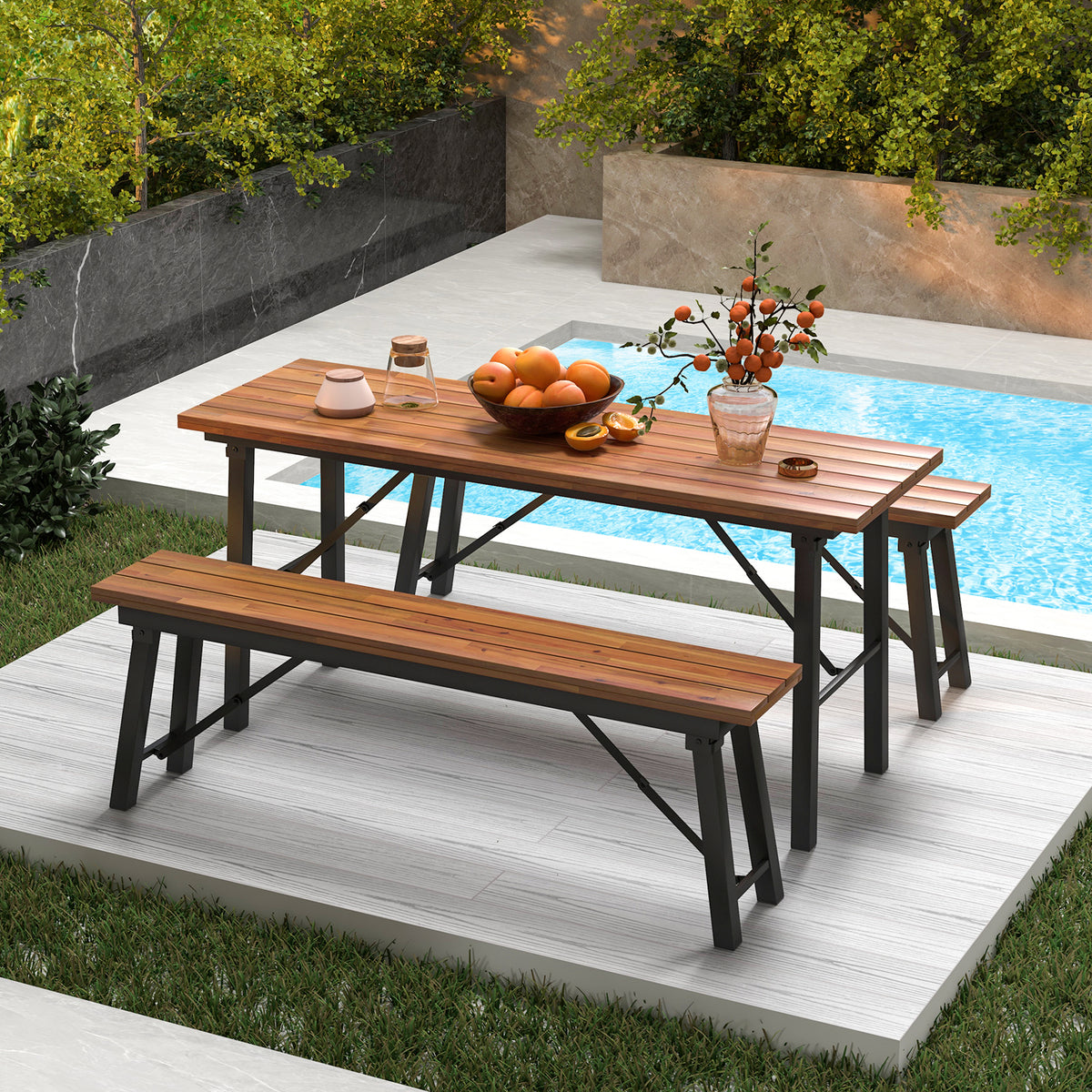 Outdoor Dining Table Bench Set, Acacia Wood Top, Natural Outdoor Seating & Patio Chairs at Gallery Canada