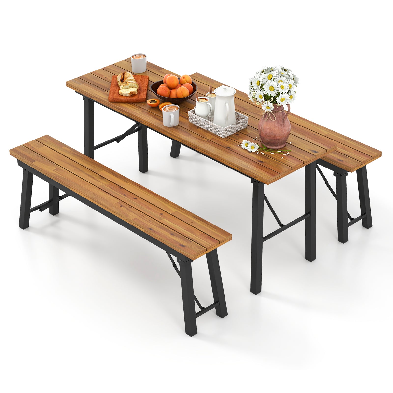 Outdoor Dining Table Bench Set, Acacia Wood Top, Natural Outdoor Seating & Patio Chairs Natural at Gallery Canada