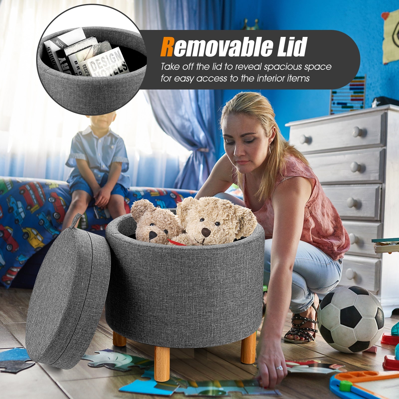 Round Fabric Storage Ottoman With Tray, Non-Slip Pads, Gray Ottomans at Gallery Canada