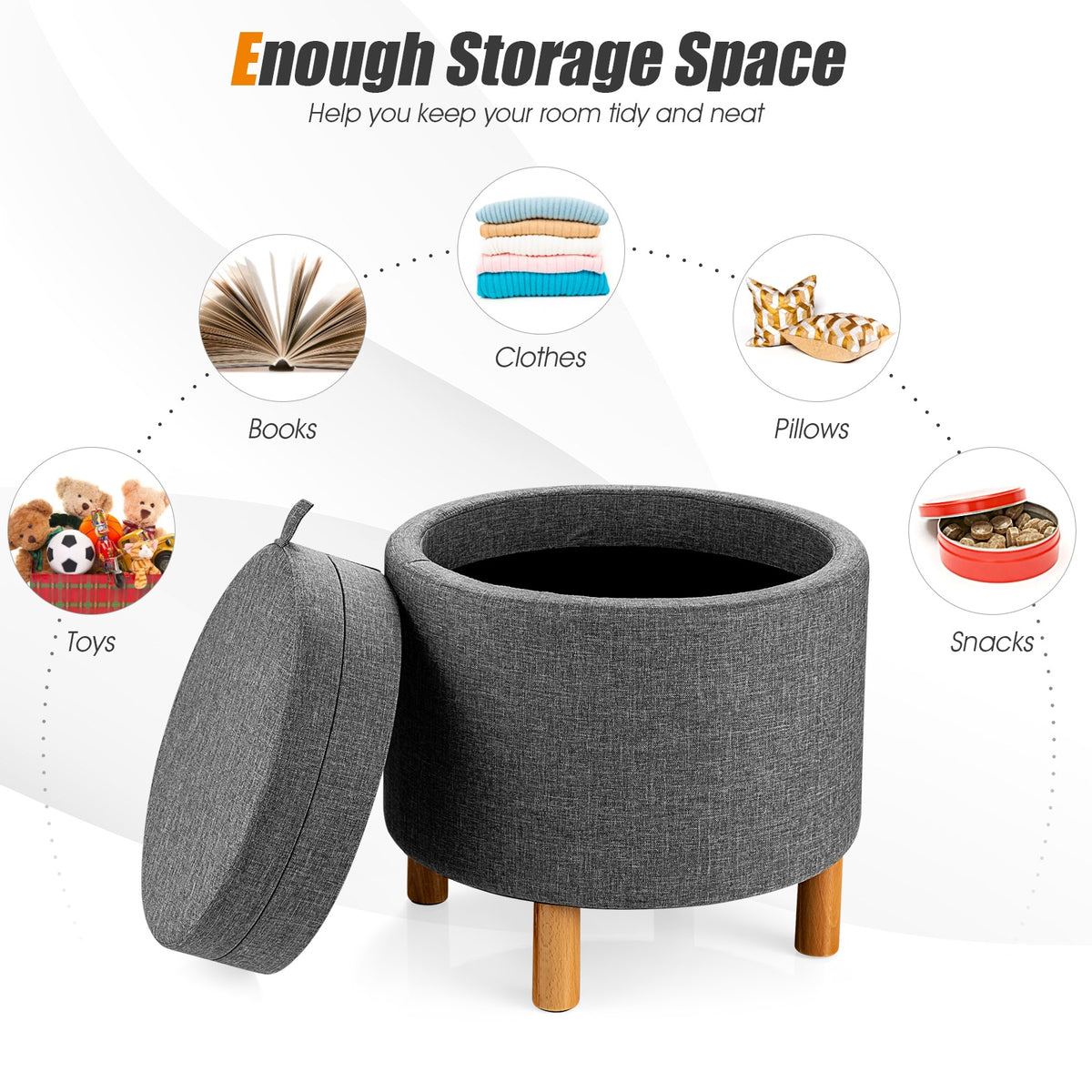 Round Fabric Storage Ottoman With Tray, Non-Slip Pads, Gray Ottomans at Gallery Canada