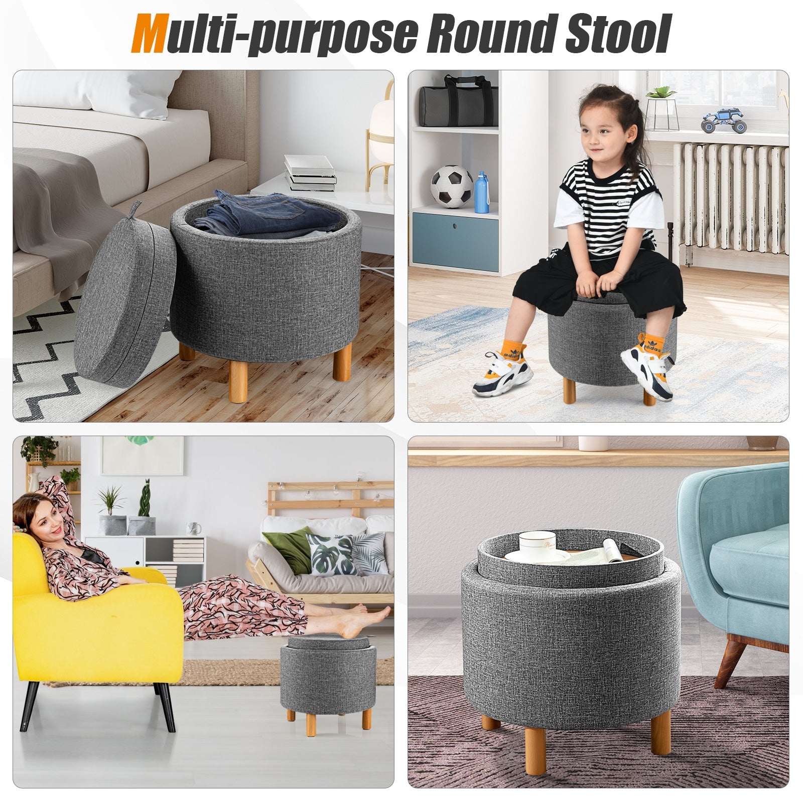 Round Fabric Storage Ottoman With Tray, Non-Slip Pads, Gray Ottomans at Gallery Canada