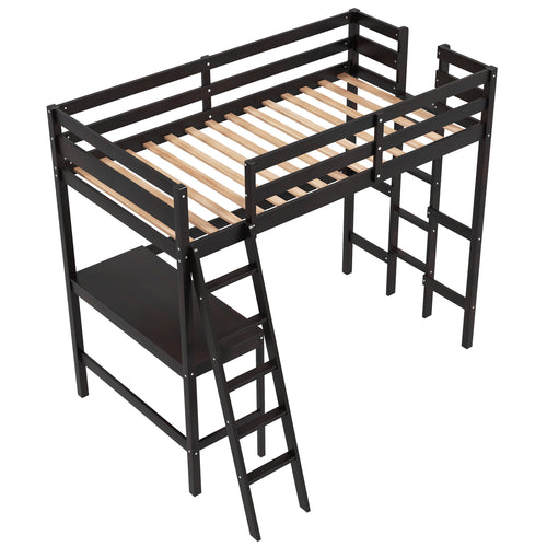 Twin Size Loft Bed Frame With Desk, Dark Brown