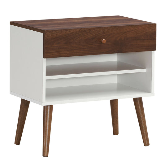 Mid-Century Nightstand With Drawer, Rubber Wood Legs, Brown Nightstands Brown at Gallery Canada