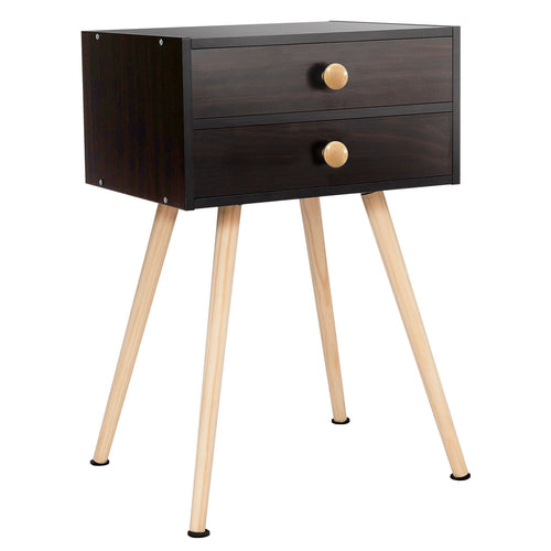 Mid Century Modern Nightstand, 2 Drawers, Natural, Brown