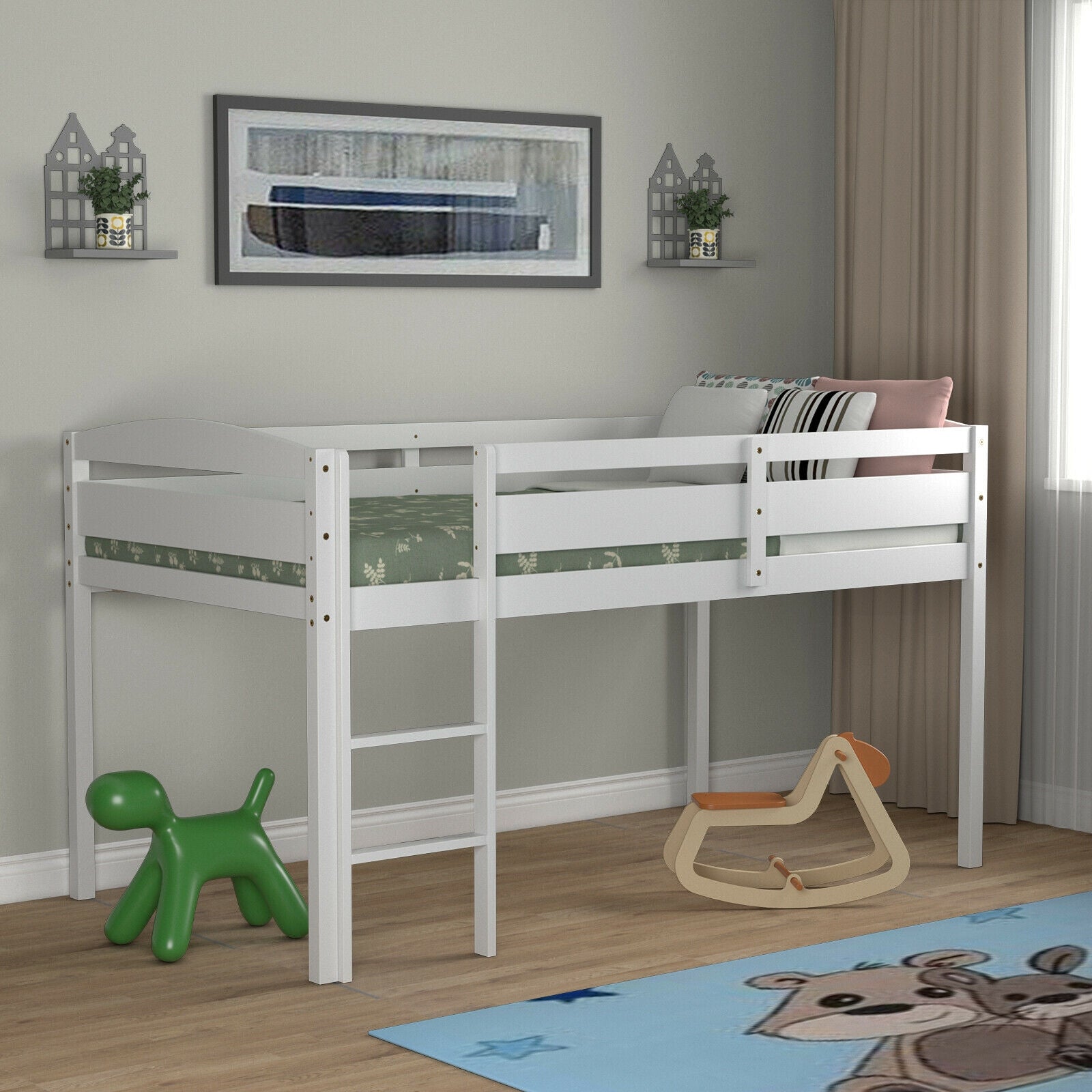 Twin Low Loft Bunk Bed With Guard Rail, Ladder, White Bunk Bed Frame at Gallery Canada