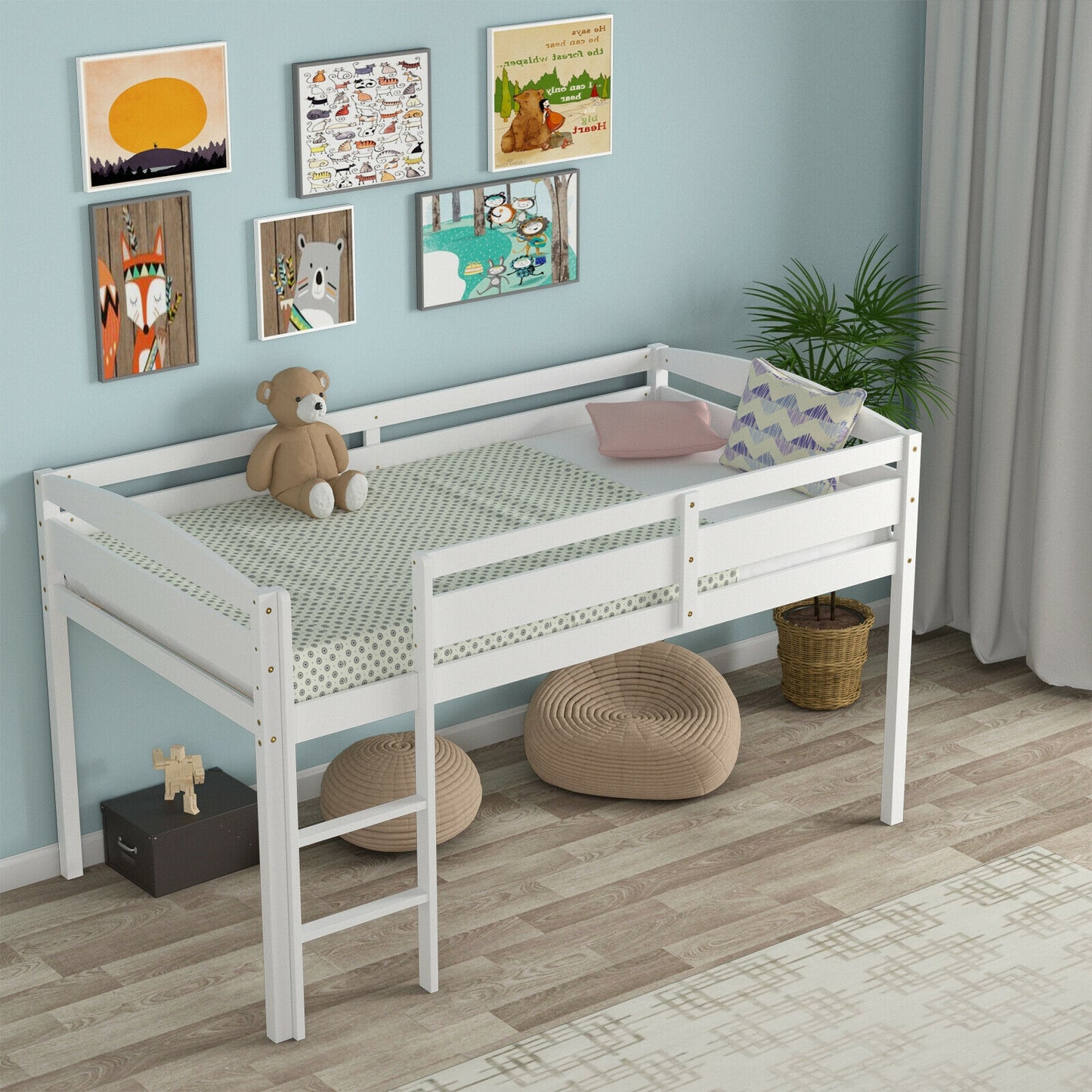 Twin Low Loft Bunk Bed With Guard Rail, Ladder, White Bunk Bed Frame at Gallery Canada