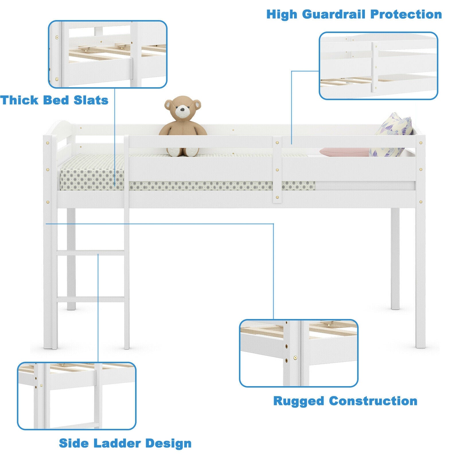 Twin Low Loft Bunk Bed With Guard Rail, Ladder, White Bunk Bed Frame at Gallery Canada