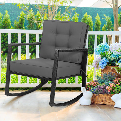 Patio Rattan Rocking Chair, Outdoor Glider With Cushion, Gray