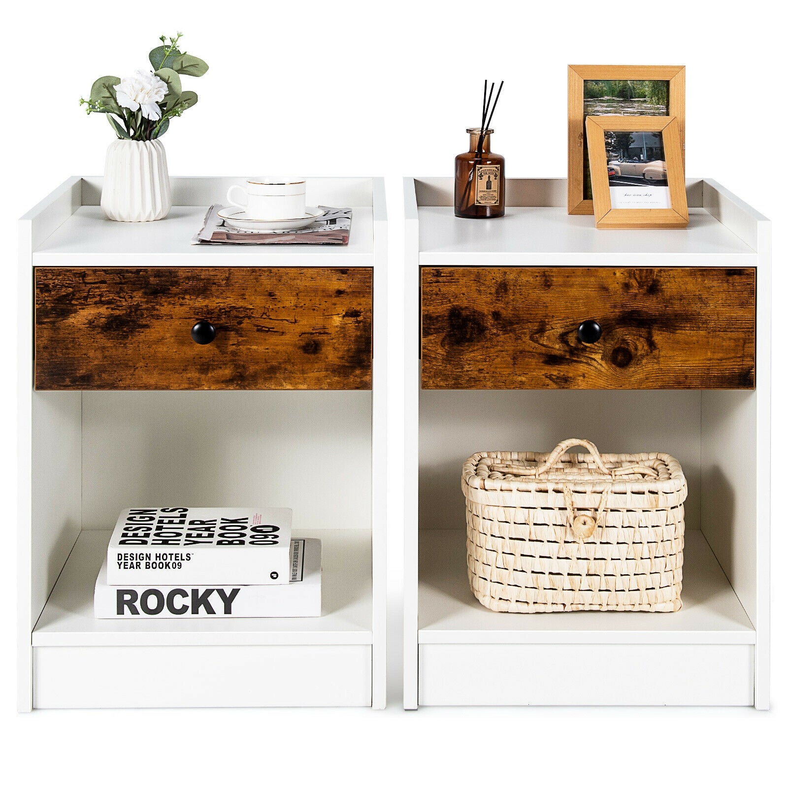 Set of 2 Nightstand with Drawer Cabinet, White Nightstands at Gallery Canada