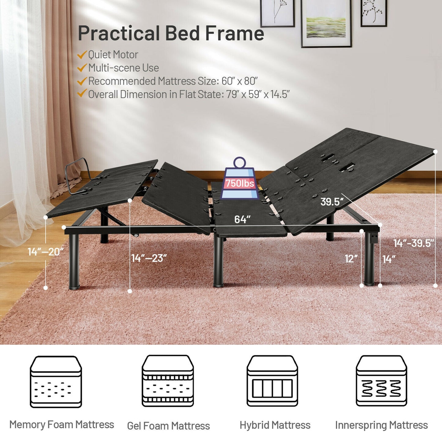 Queen Size Adjustable Bed Base, Head And Foot Incline, Black Simple Bed Frame at Gallery Canada