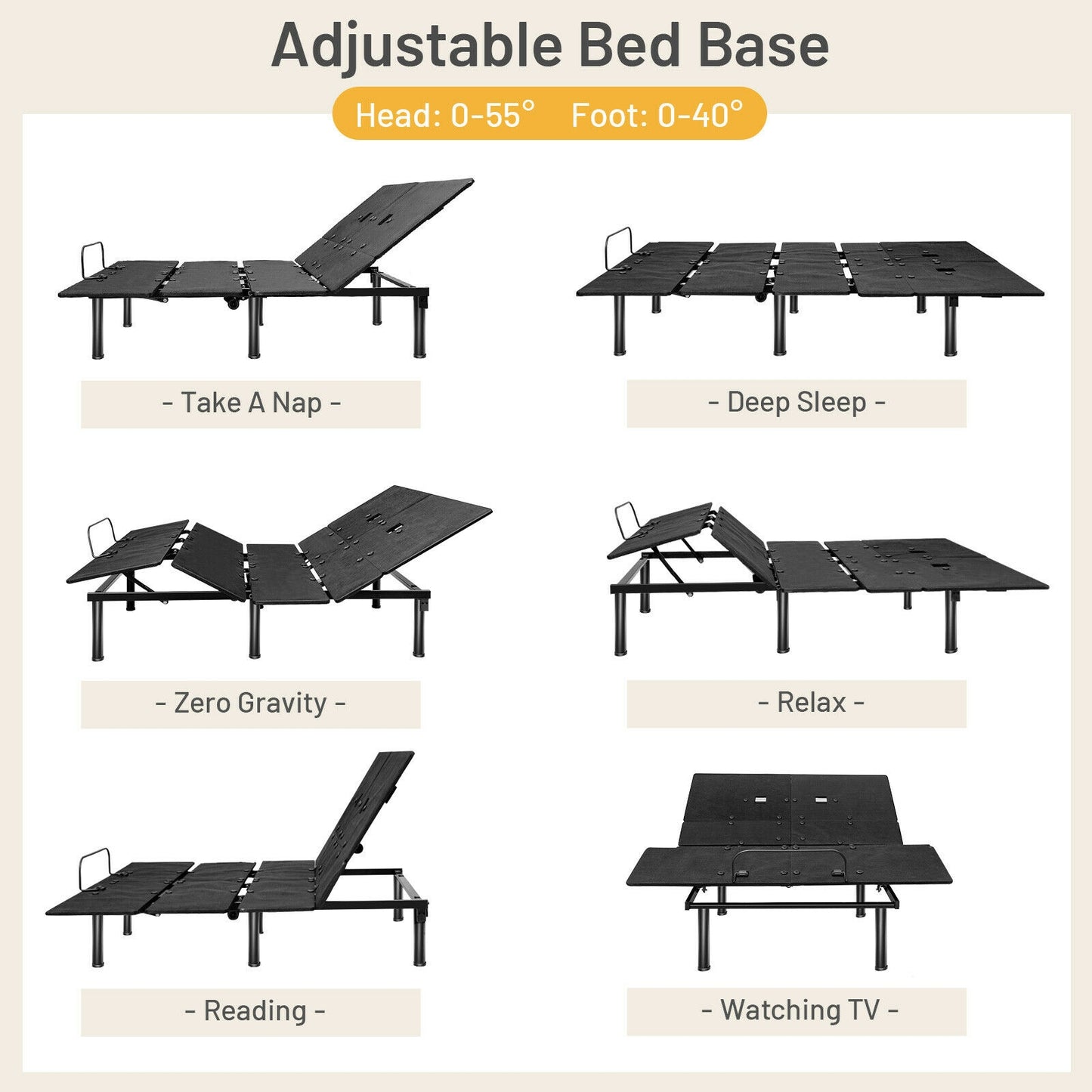 Queen Size Adjustable Bed Base, Head And Foot Incline, Black Simple Bed Frame at Gallery Canada