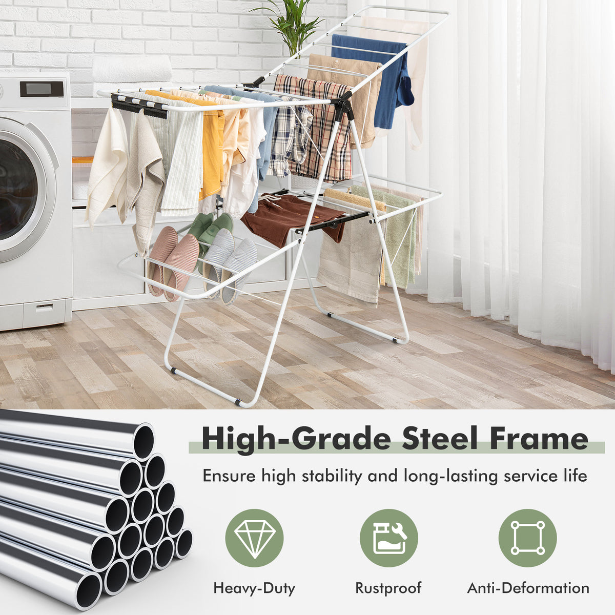 2-Tier Foldable Clothes Drying Rack, Adjustable Gullwing, White Drying Racks at Gallery Canada