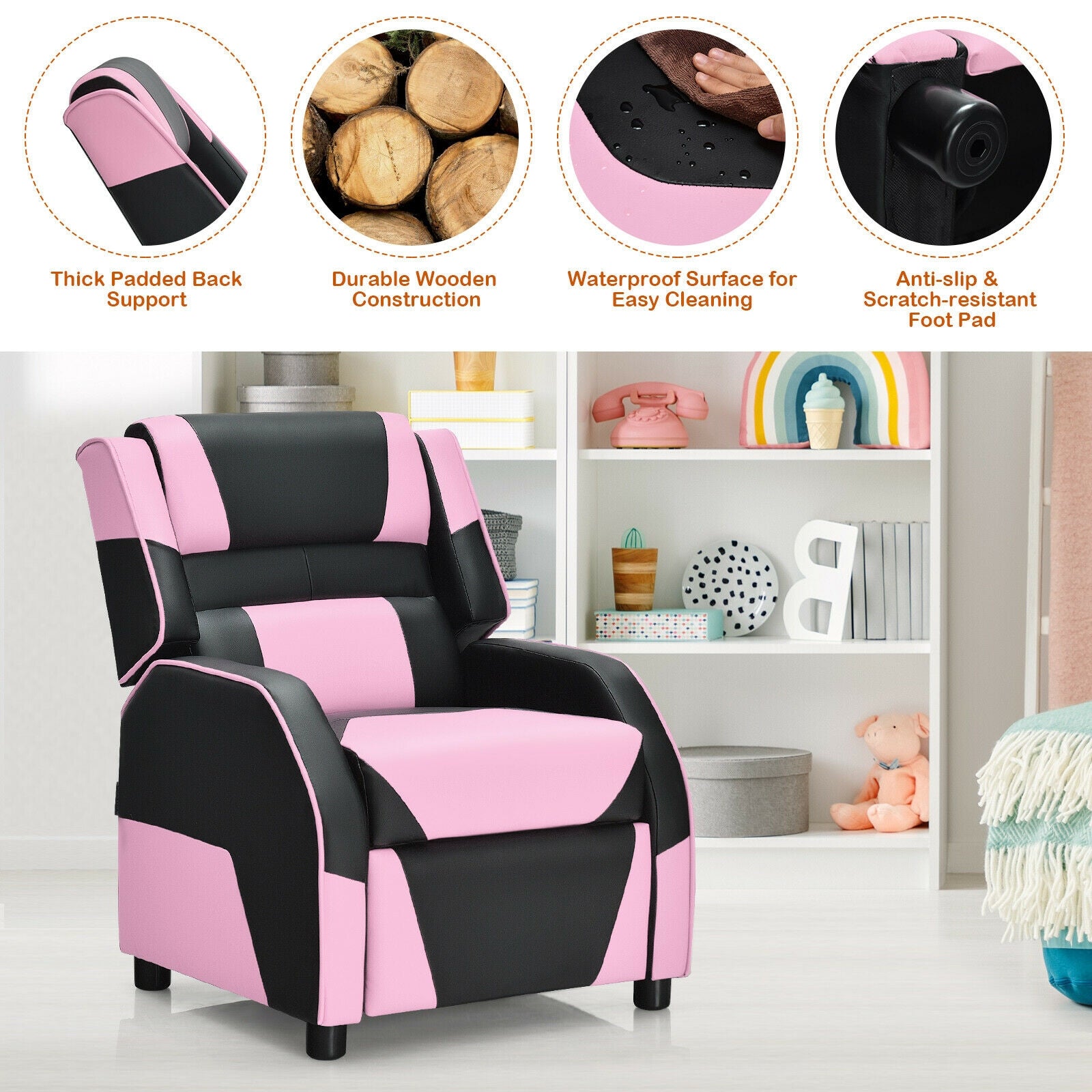 Kids Youth PU Leather Gaming Sofa Recliner, Pink Kids Chairs & Seating at Gallery Canada