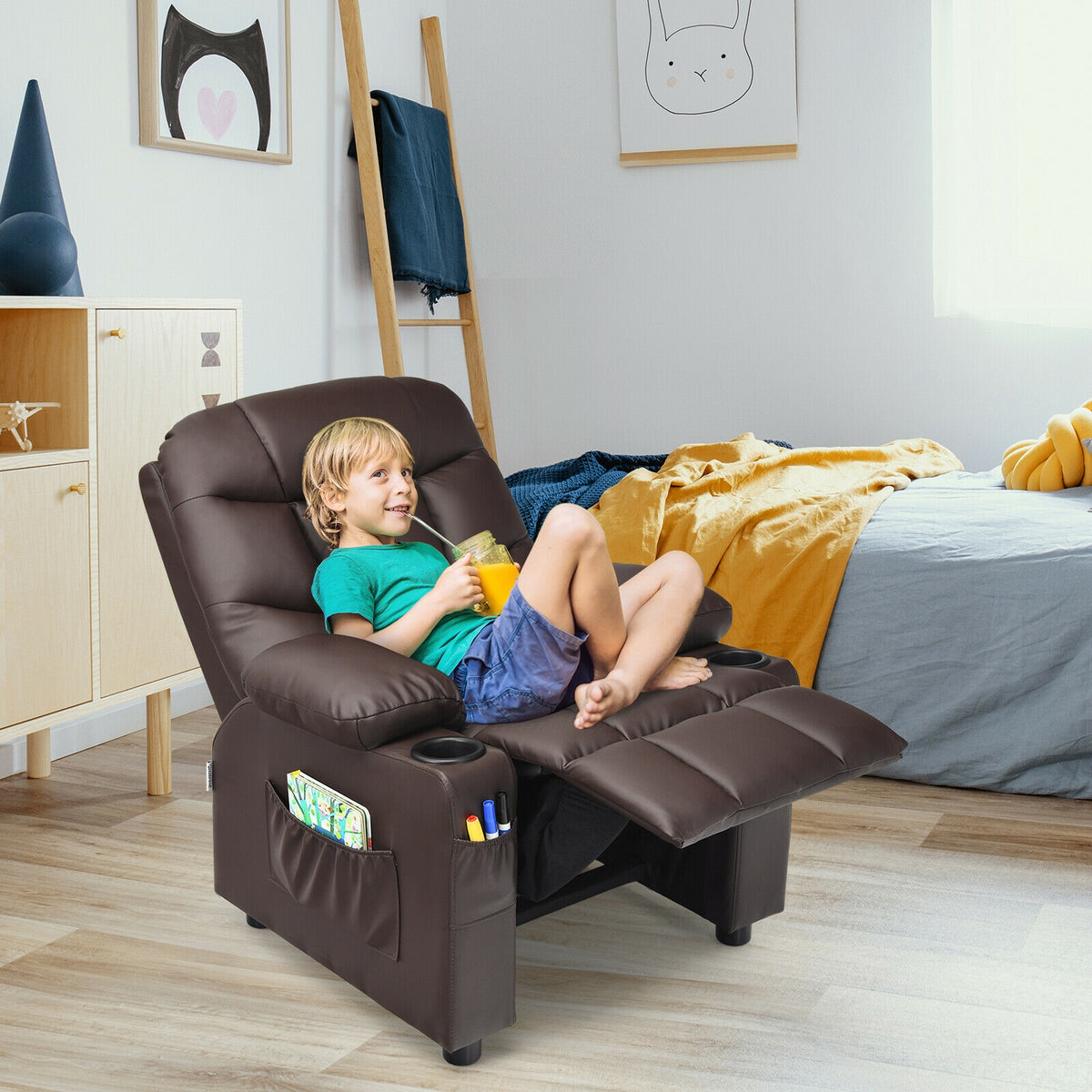 Kids Recliner Chair With Cup Holder, Footrest, Brown Kids Chairs & Seating at Gallery Canada