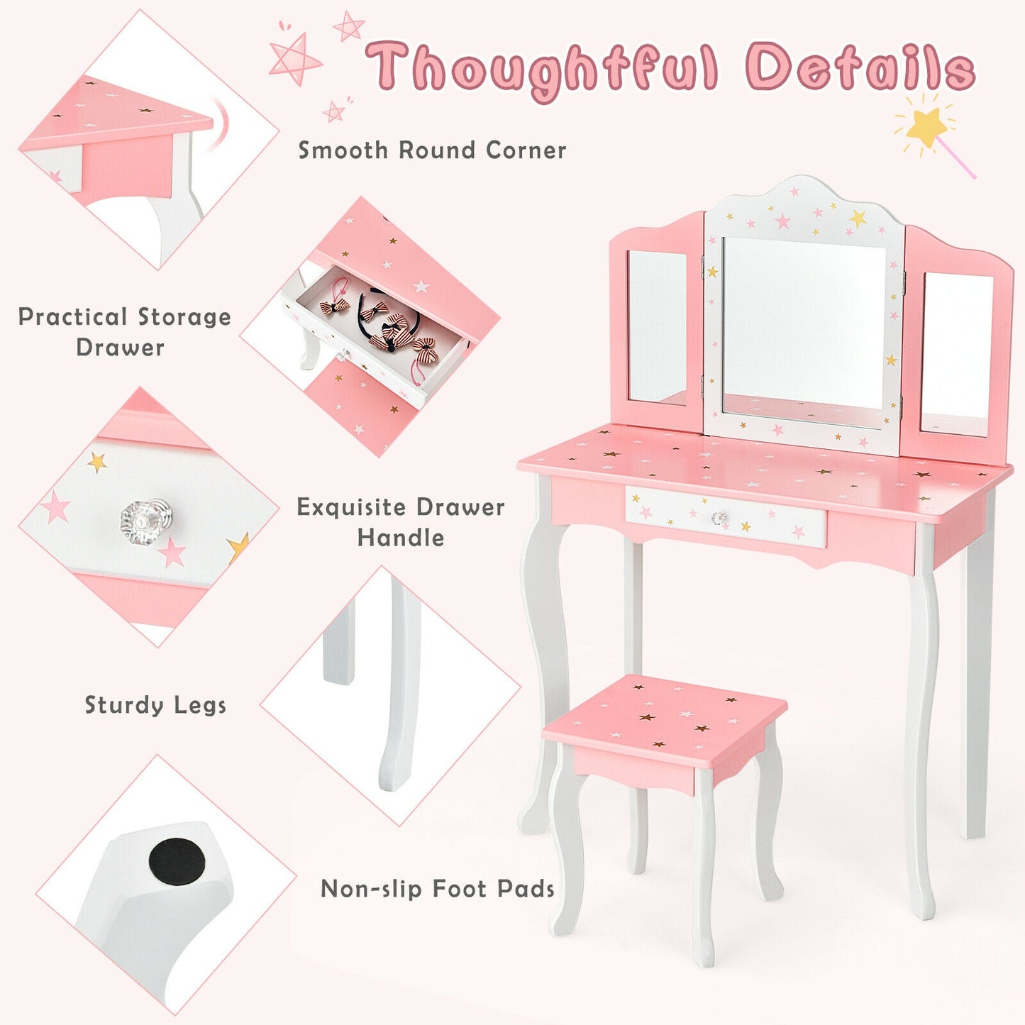 Kids Princess Vanity Table, Stool, Tri-Folding Mirror, Pink Kids Vanities at Gallery Canada