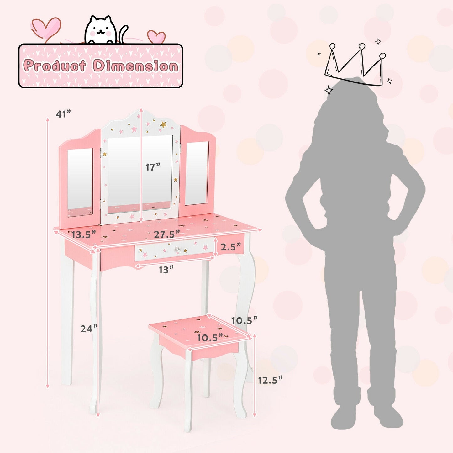 Kids Princess Vanity Table, Stool, Tri-Folding Mirror, Pink Kids Vanities at Gallery Canada