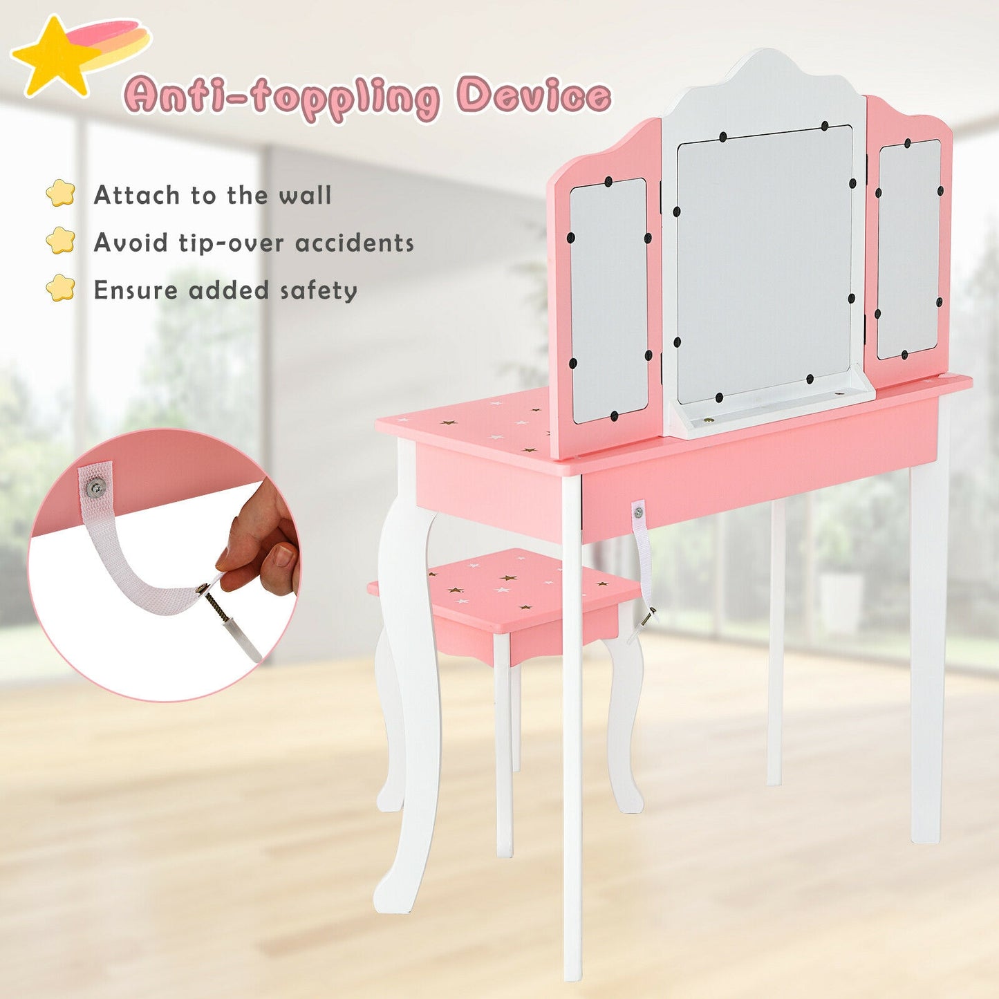Kids Princess Vanity Table, Stool, Tri-Folding Mirror, Pink Kids Vanities at Gallery Canada