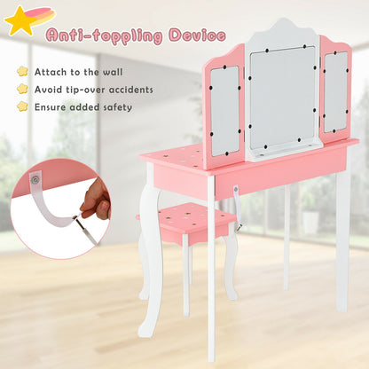 Kids Princess Vanity Table, Stool, Tri-Folding Mirror, Pink Kids Vanities at Gallery Canada