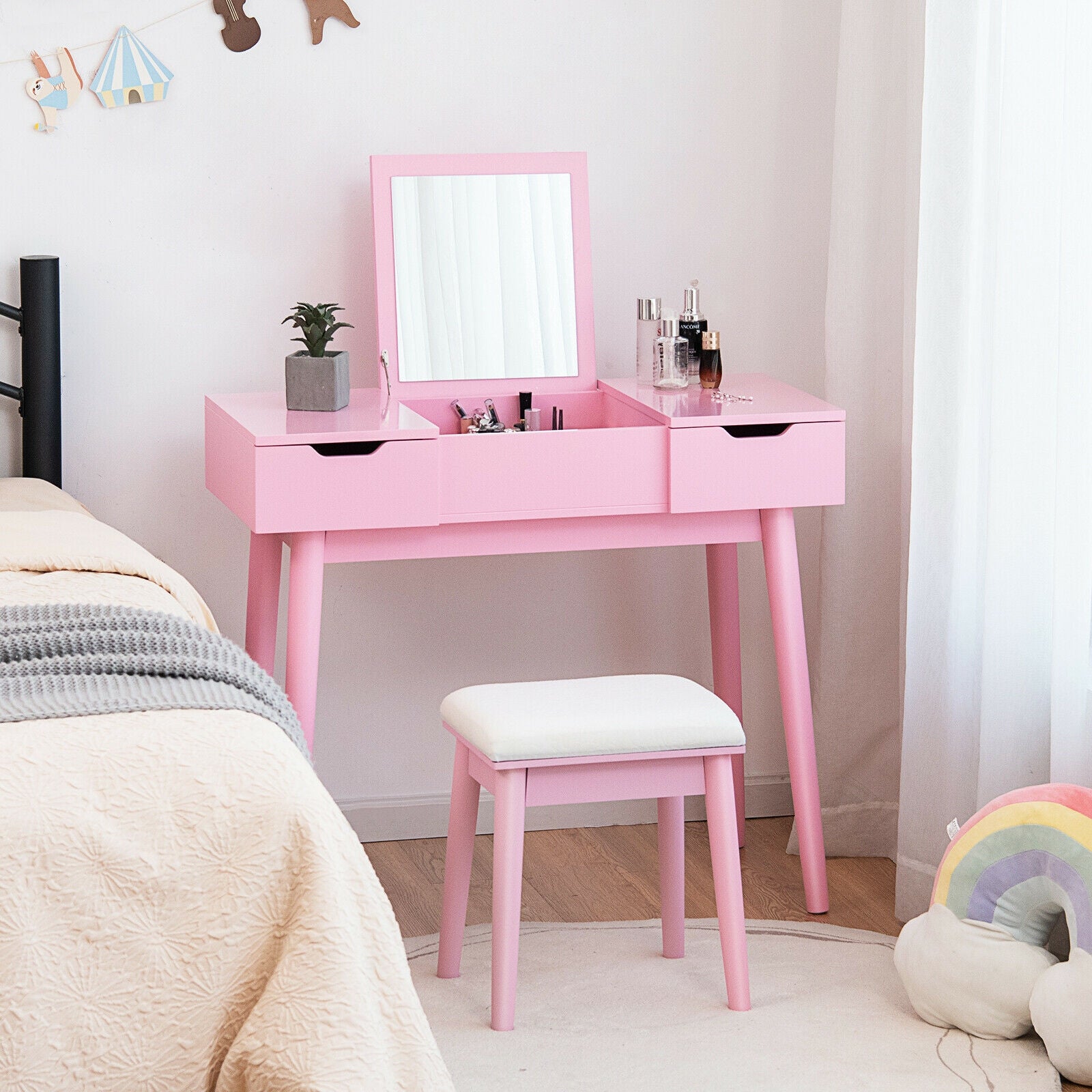 Makeup Vanity Table With Flip Top Mirror, 2 Drawers, Pink Makeup Vanities at Gallery Canada