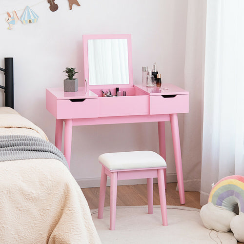 Makeup Vanity Table With Flip Top Mirror, 2 Drawers, Pink