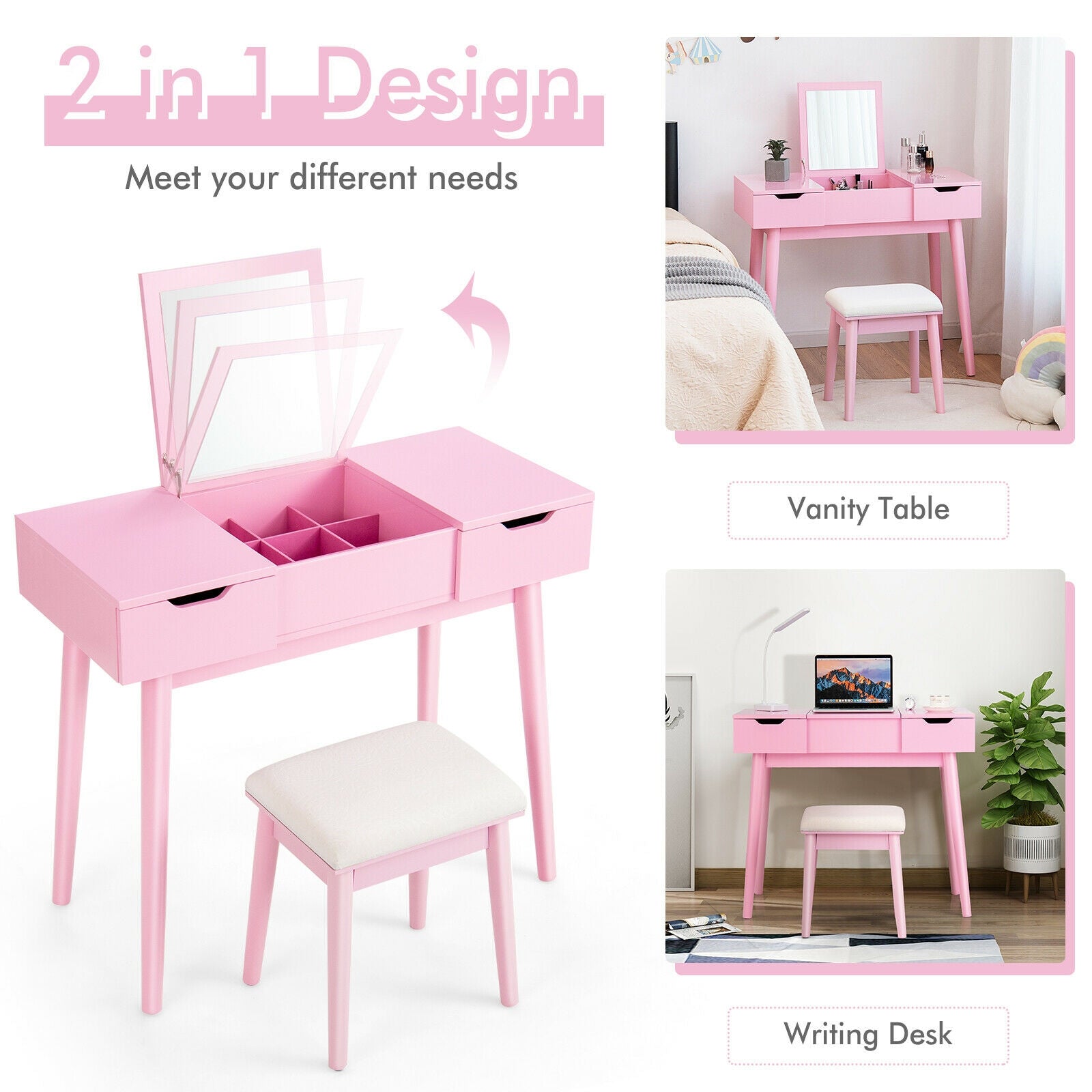 Makeup Vanity Table With Flip Top Mirror, 2 Drawers, Pink Makeup Vanities at Gallery Canada