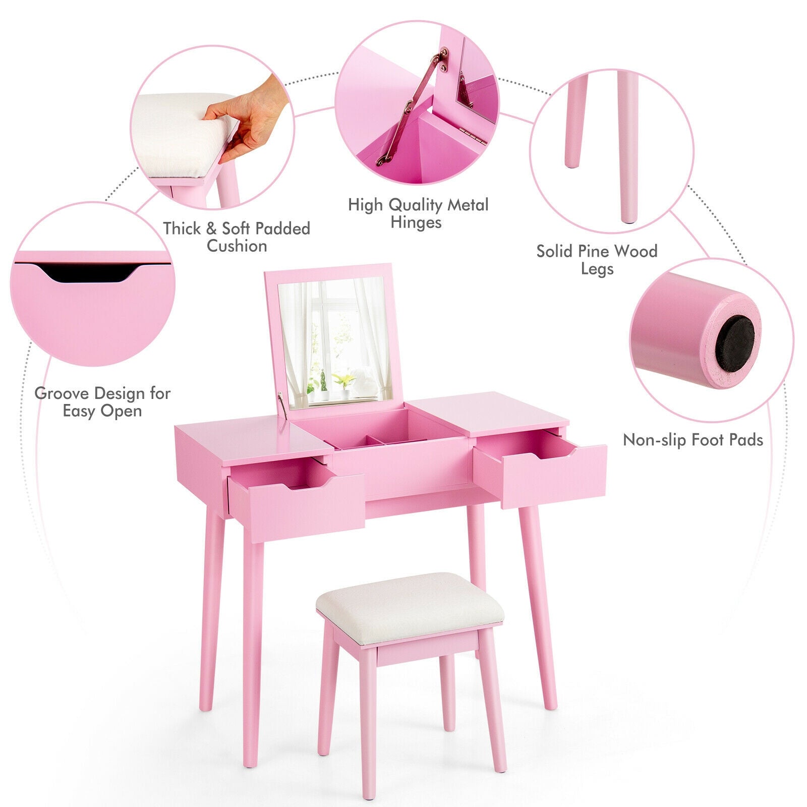 Makeup Vanity Table With Flip Top Mirror, 2 Drawers, Pink Makeup Vanities at Gallery Canada