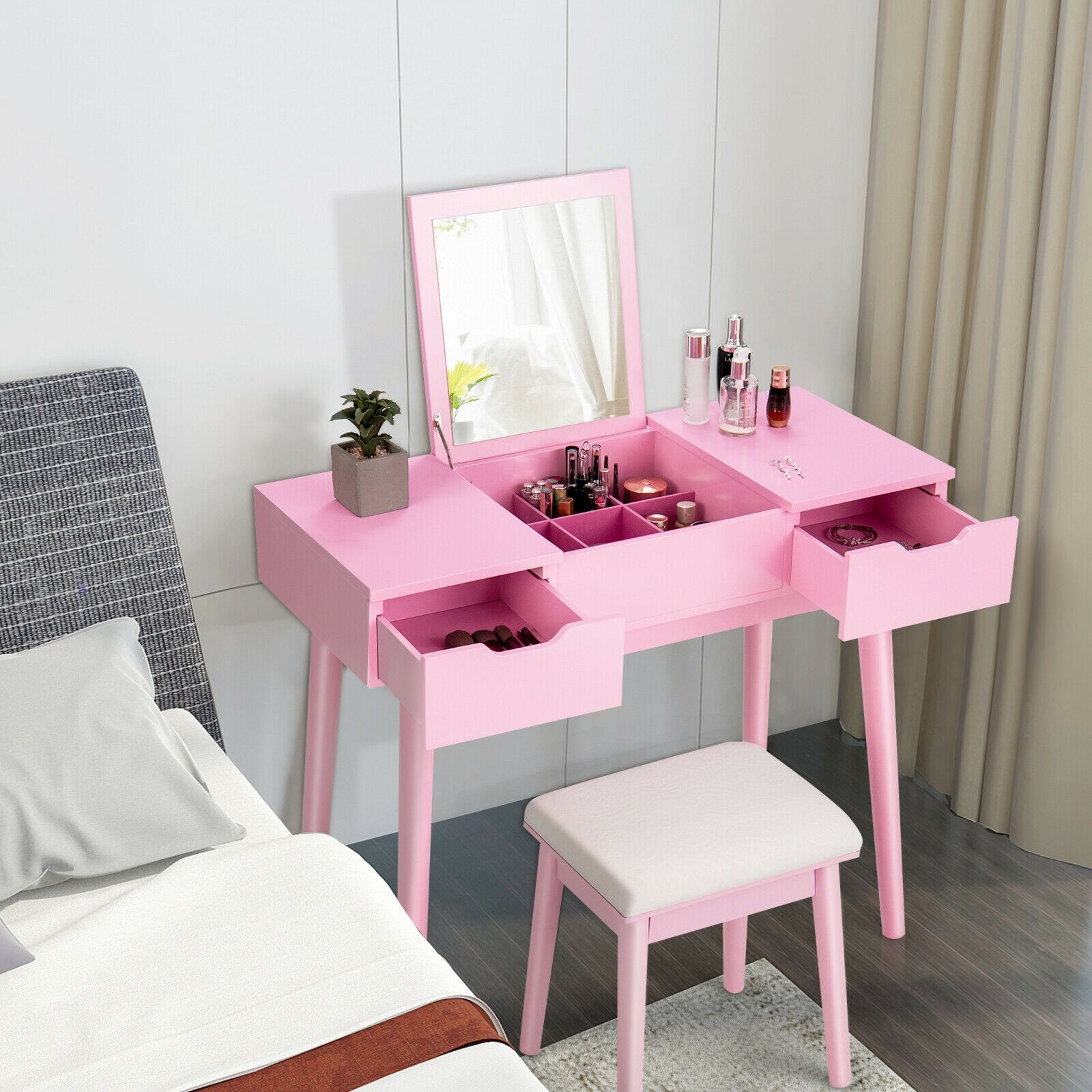 Makeup Vanity Table With Flip Top Mirror, 2 Drawers, Pink Makeup Vanities at Gallery Canada