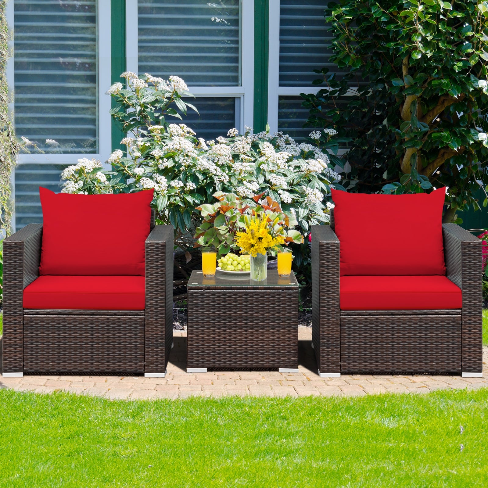 3 Pcs Patio Conversation Rattan Furniture Set, Red Patio Conversation Sets at Gallery Canada