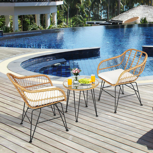 3 Piece Rattan Furniture Set, Cushioned Chair Table, White