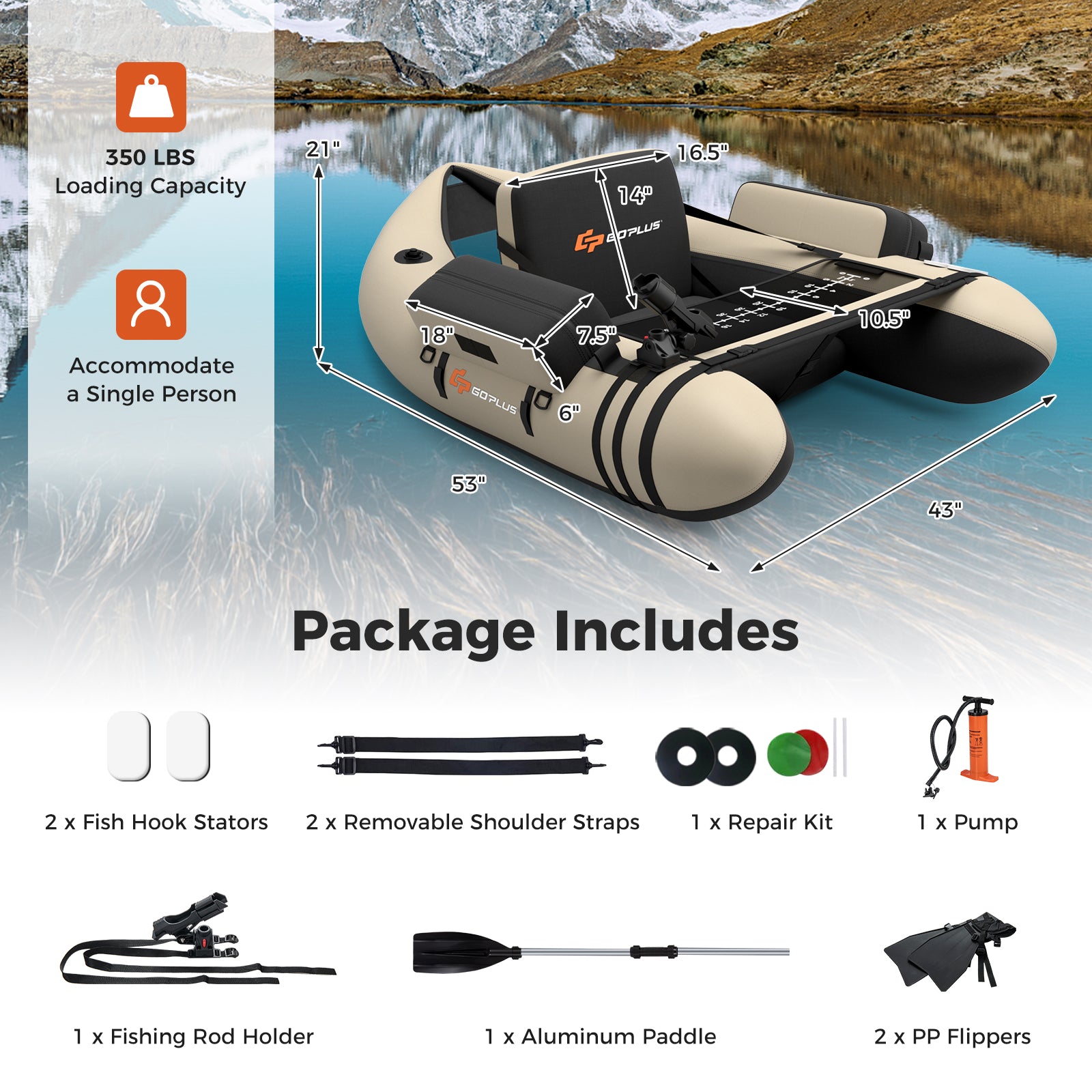 Inflatable Fishing Float Tube, Fish Ruler, Pump Storage Pockets, Beige Surfing at Gallery Canada