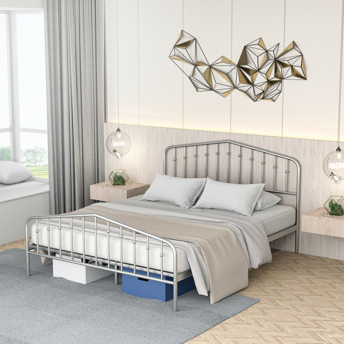 Queen Size Metal Bed Frame, Platform Headboard, Footboard, Storage, Silver Simple Bed Frame at Gallery Canada