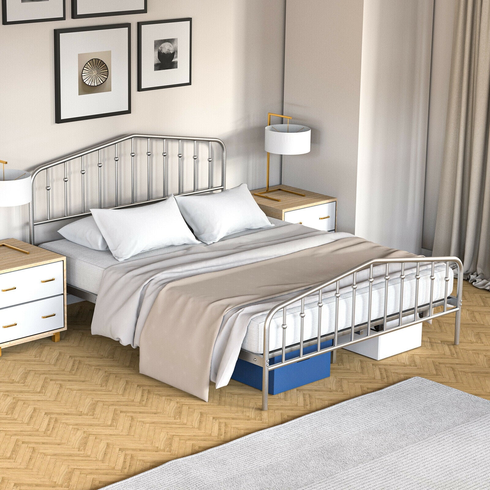 Queen Size Metal Bed Frame, Platform Headboard, Footboard, Storage, Silver Simple Bed Frame at Gallery Canada