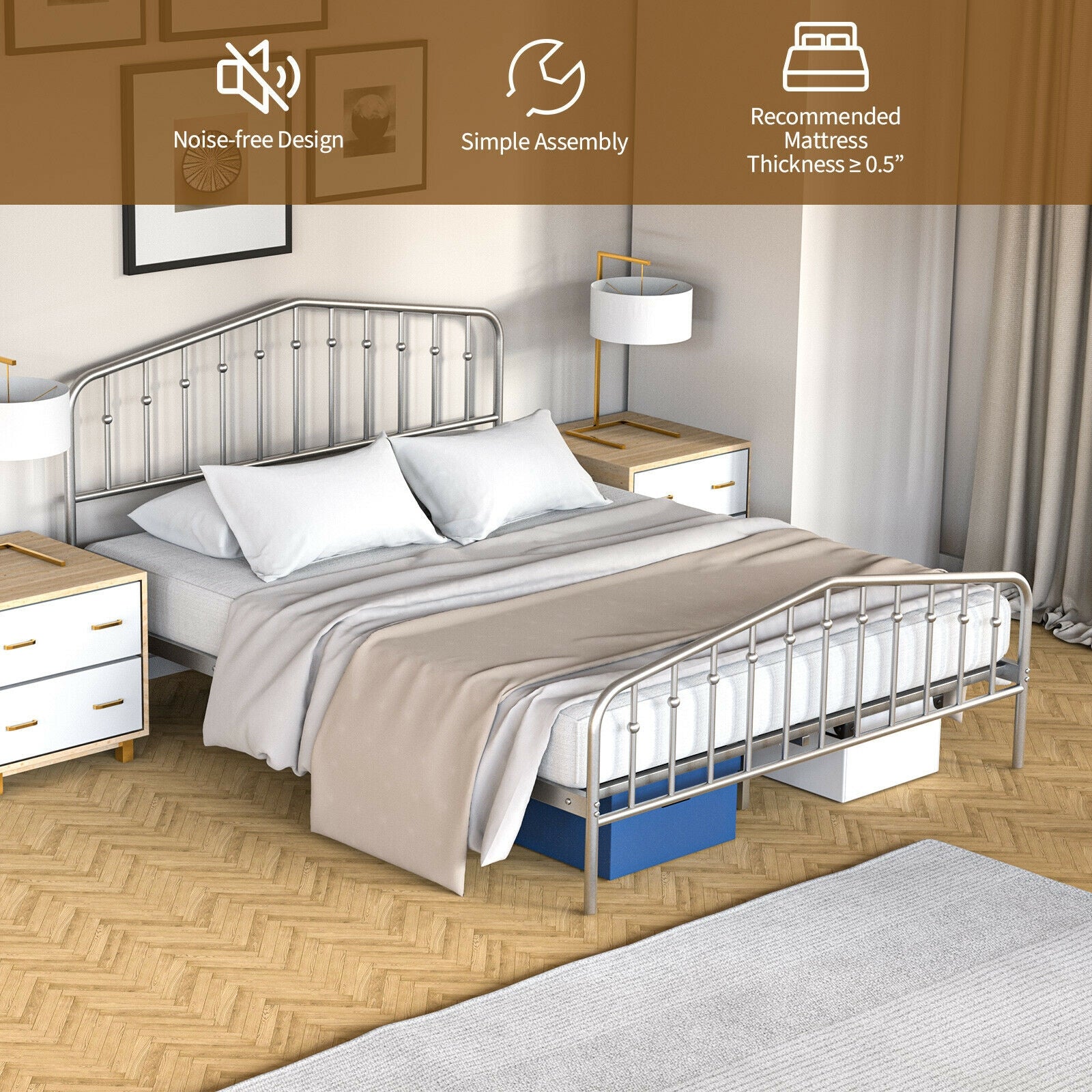 Queen Size Metal Bed Frame, Platform Headboard, Footboard, Storage, Silver Simple Bed Frame at Gallery Canada
