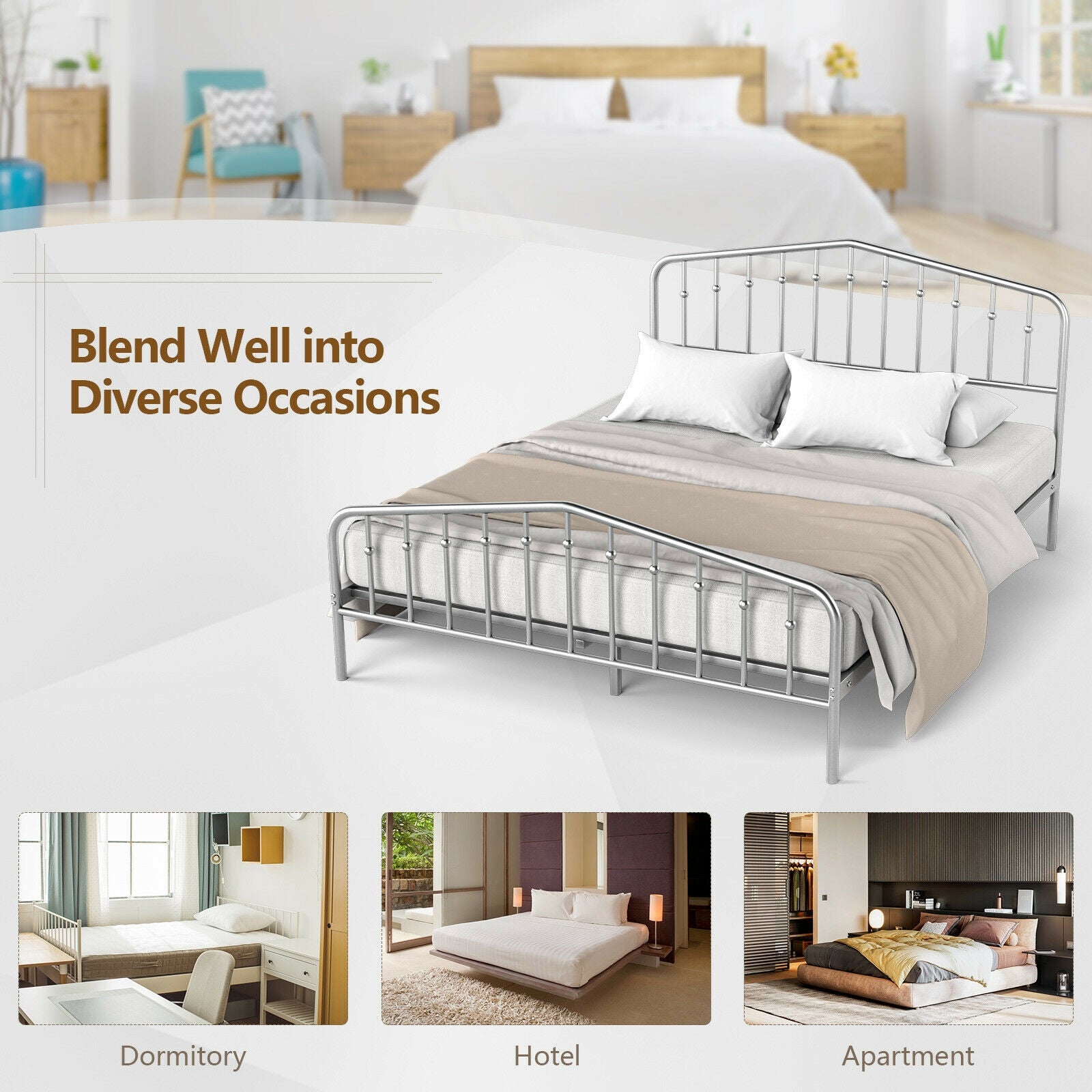 Queen Size Metal Bed Frame, Platform Headboard, Footboard, Storage, Silver Simple Bed Frame at Gallery Canada