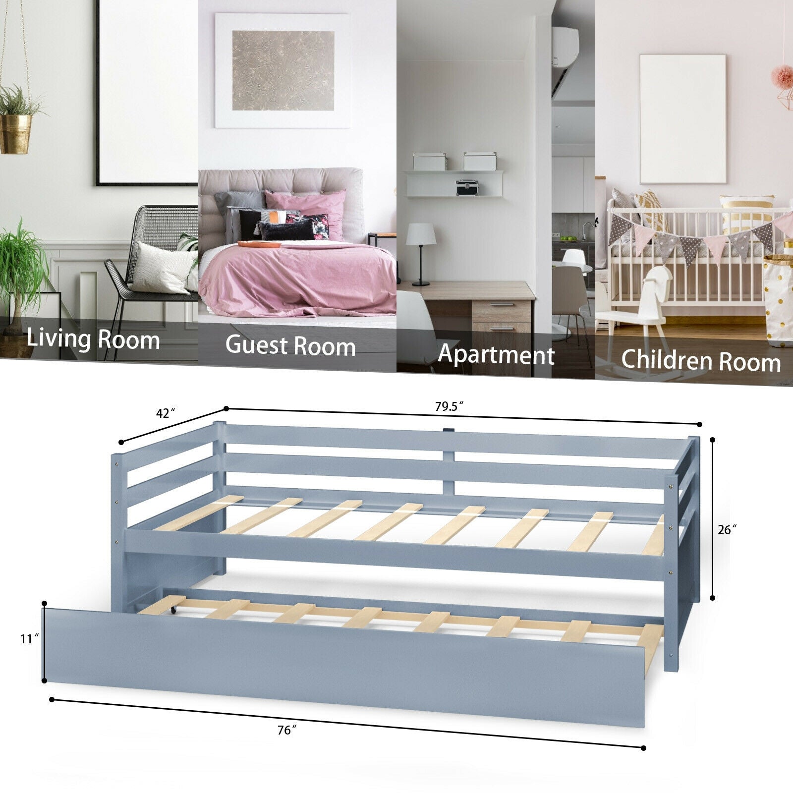 Twin Size Platform Bed Frame With Wooden Slat Support, Gray Trundle Bed Frame at Gallery Canada
